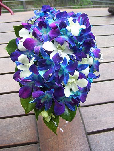 blue purple white orchid wedding bouquet