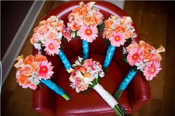 coral teal wedding bouquet