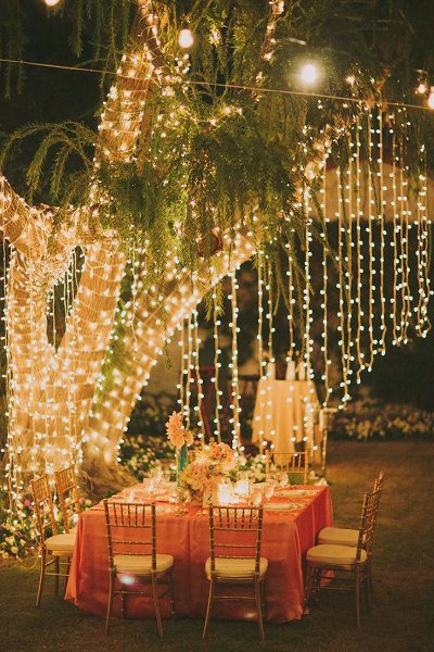 outdoor wedding hanging string bistro lights