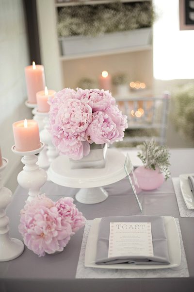 pink grey white wedding table setting