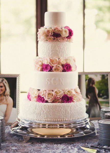 Pink flower wedding cake