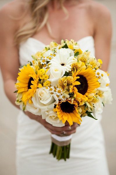yellow white sunflower wedding flower bouquet